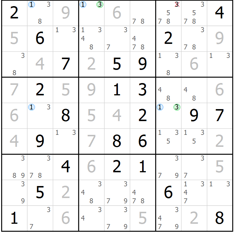 Position des candidats pour la solution de la Gr 52 page 55 du magazine de sudoku Maestro n° 087