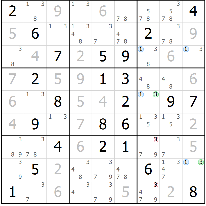 Position des candidats pour la solution de la Gr 52 page 55 du magazine de sudoku Maestro n° 087