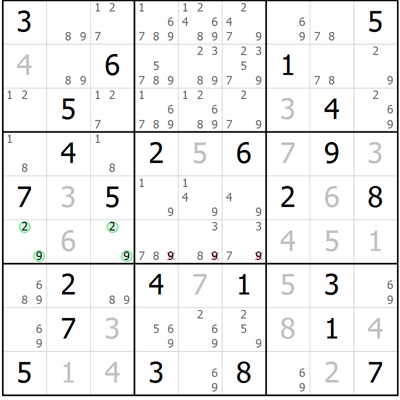 Position des candidats pour la solution de la Gr 53 page 56 du magazine de sudoku Maestro n° 087