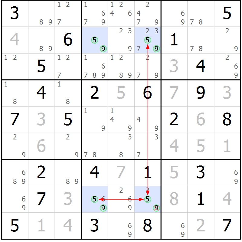 Position des candidats pour la solution de la Gr 53 page 56 du magazine de sudoku Maestro n° 087