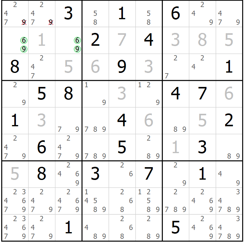 Position des candidats pour la solution de la Gr 54 page 57 du magazine de sudoku Maestro n° 087