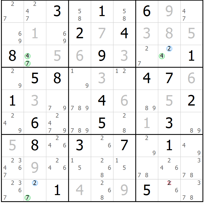 Position des candidats pour la solution de la Gr 54 page 57 du magazine de sudoku Maestro n° 087