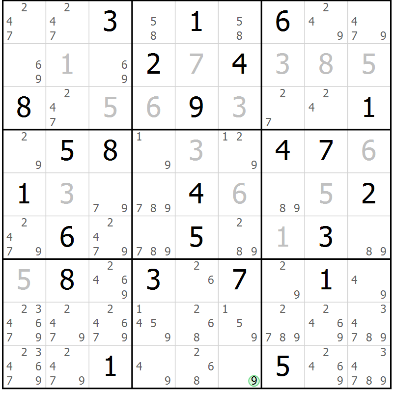 Position des candidats pour la solution de la Gr 54 page 57 du magazine de sudoku Maestro n° 087