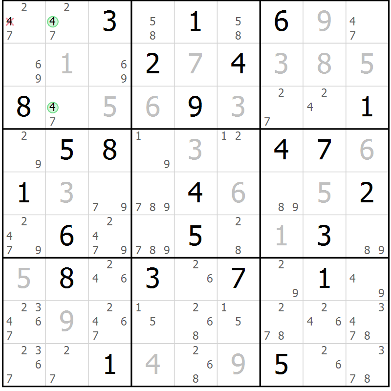 Position des candidats pour la solution de la Gr 54 page 57 du magazine de sudoku Maestro n° 087