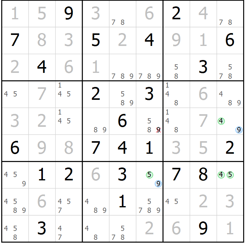 Position des candidats pour la solution de la Gr 55 page 58 du magazine de sudoku Maestro n° 087