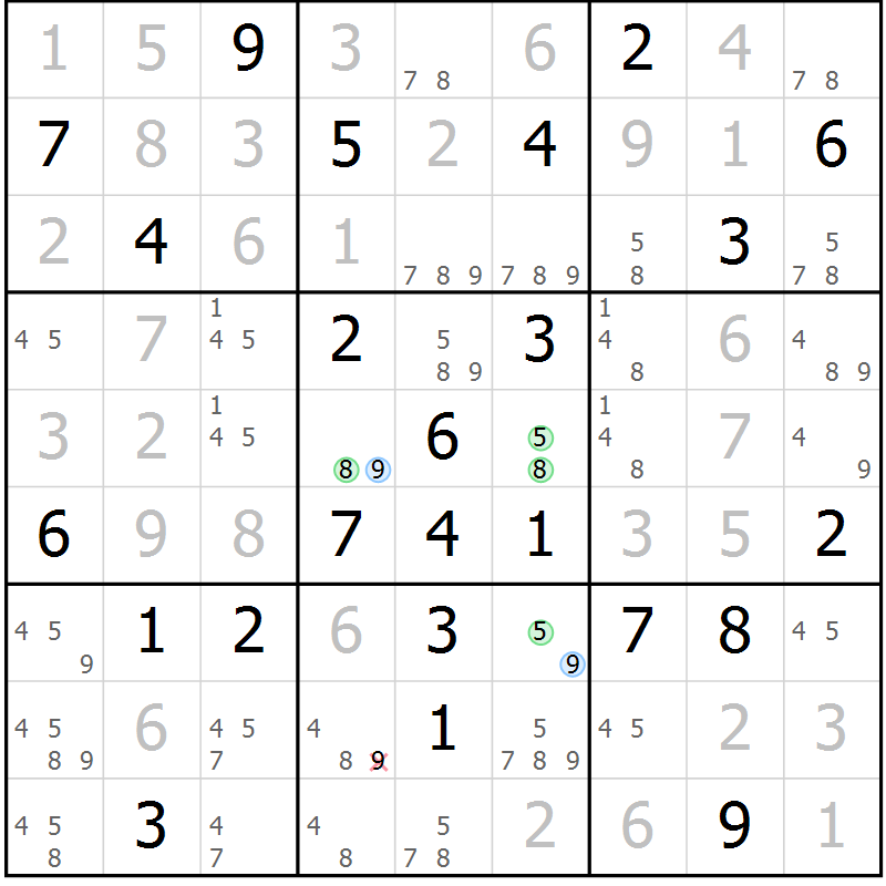 Position des candidats pour la solution de la Gr 55 page 58 du magazine de sudoku Maestro n° 087