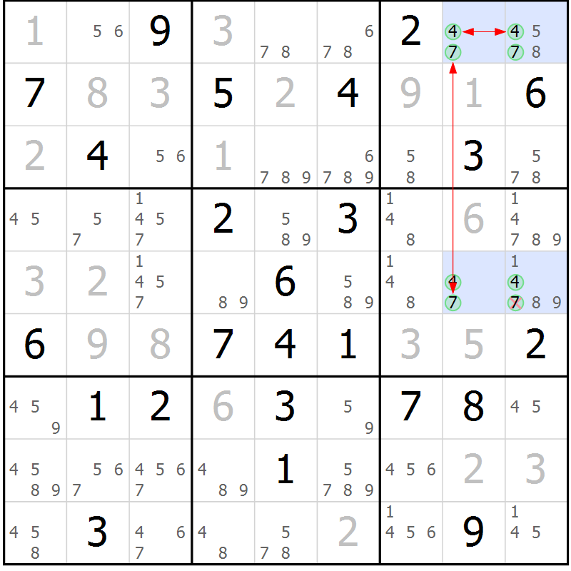 Position des candidats pour la solution de la Gr 55 page 58 du magazine de sudoku Maestro n° 087