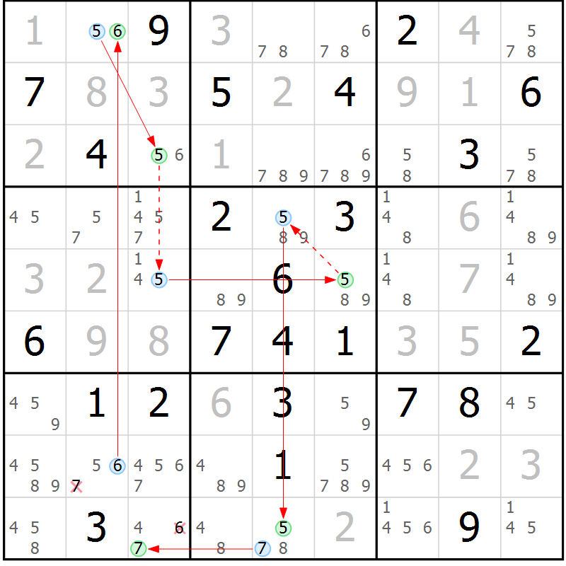 Position des candidats pour la solution de la Gr 55 page 58 du magazine de sudoku Maestro n° 087