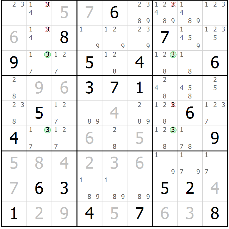 Position des candidats pour la solution de la Gr 56 page 59 du magazine de sudoku Maestro n° 087