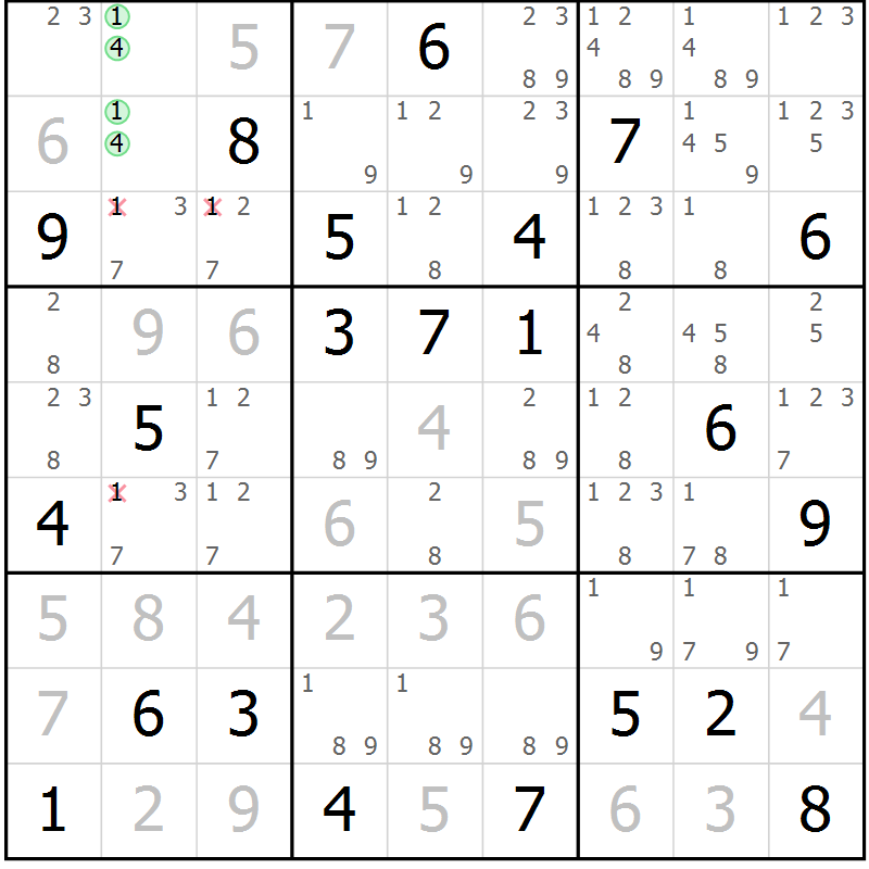 Position des candidats pour la solution de la Gr 56 page 59 du magazine de sudoku Maestro n° 087