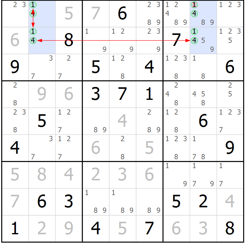 Position des candidats pour la solution de la Gr 56 page 59 du magazine de sudoku Maestro n° 087