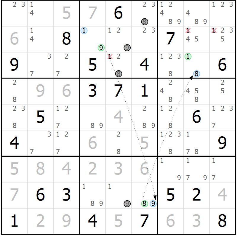 Position des candidats pour la solution de la Gr 56 page 59 du magazine de sudoku Maestro n° 087
