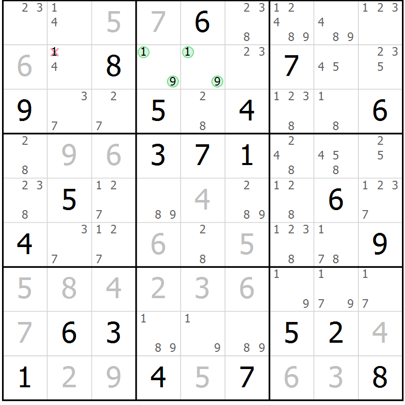 Position des candidats pour la solution de la Gr 56 page 59 du magazine de sudoku Maestro n° 087