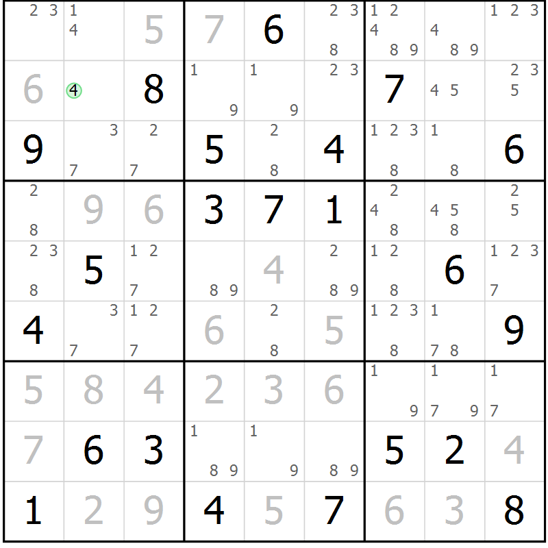 Position des candidats pour la solution de la Gr 56 page 59 du magazine de sudoku Maestro n° 087