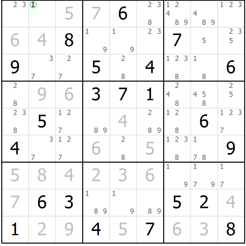 Position des candidats pour la solution de la Gr 56 page 59 du magazine de sudoku Maestro n° 087