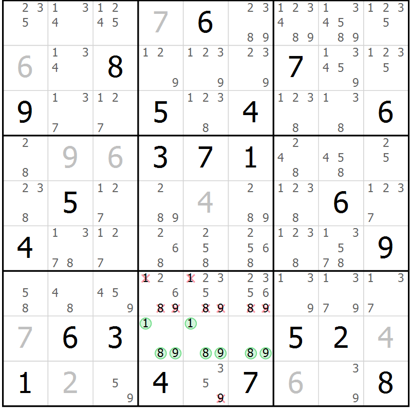 Position des candidats pour la solution de la Gr 56 page 59 du magazine de sudoku Maestro n° 087