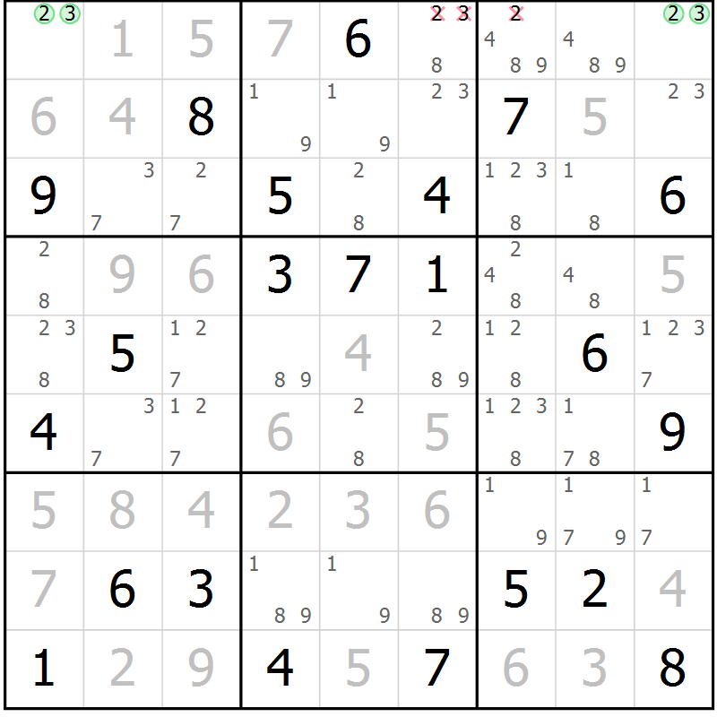 Position des candidats pour la solution de la Gr 56 page 59 du magazine de sudoku Maestro n° 087