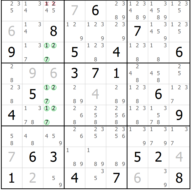 Position des candidats pour la solution de la Gr 56 page 59 du magazine de sudoku Maestro n° 087