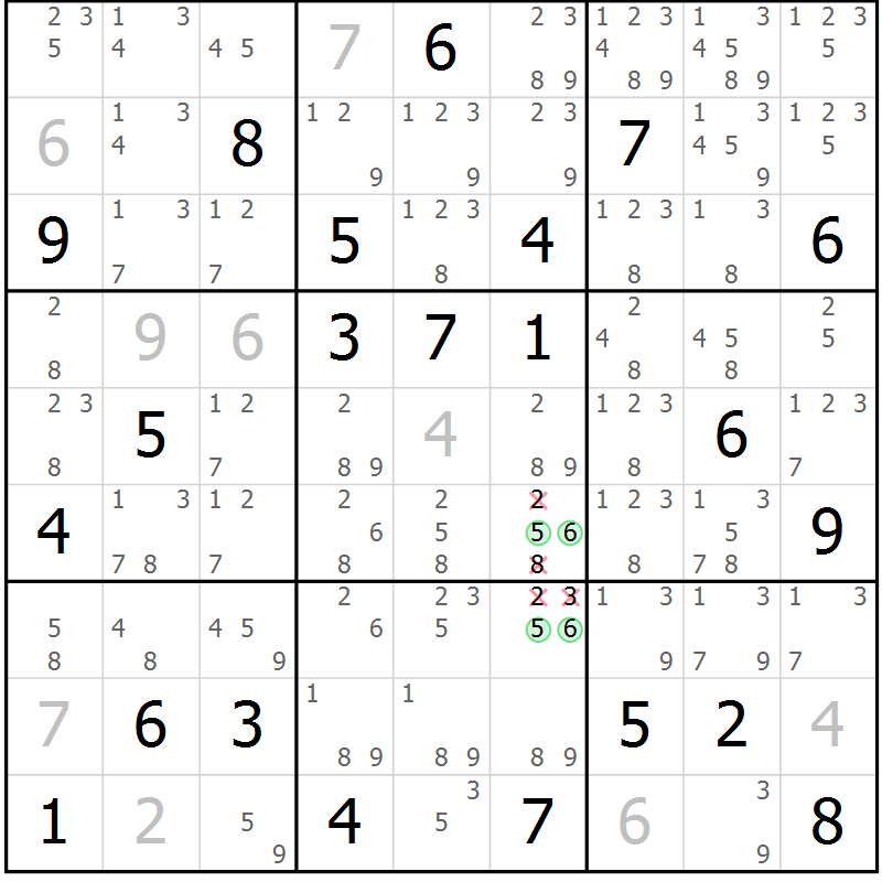 Position des candidats pour la solution de la Gr 56 page 59 du magazine de sudoku Maestro n° 087