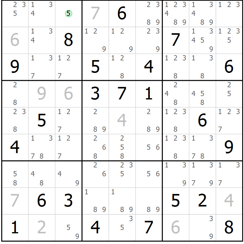 Position des candidats pour la solution de la Gr 56 page 59 du magazine de sudoku Maestro n° 087