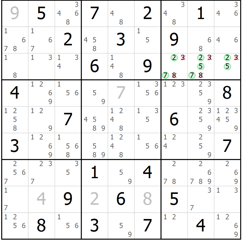 Position des candidats pour la solution de la Gr 57 page 60 du magazine de sudoku Maestro n° 087
