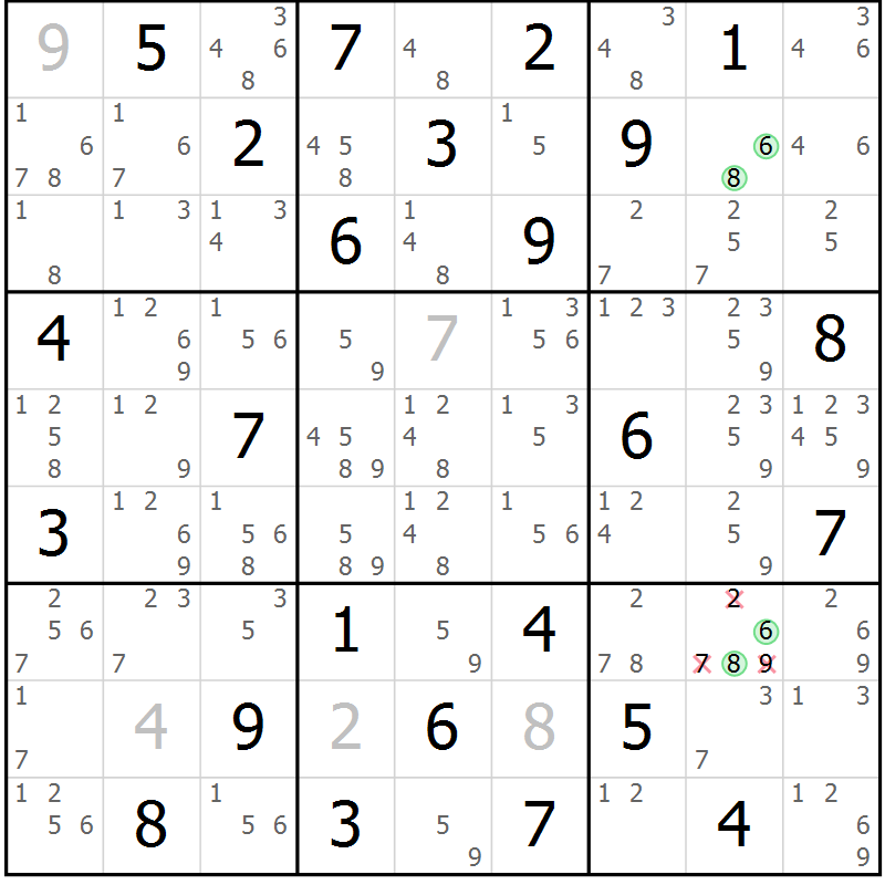 Position des candidats pour la solution de la Gr 57 page 60 du magazine de sudoku Maestro n° 087