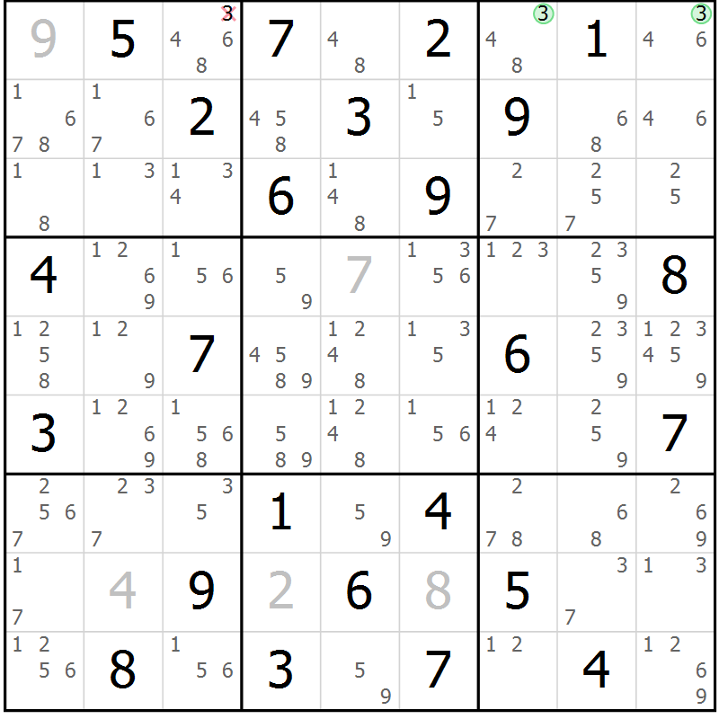 Position des candidats pour la solution de la Gr 57 page 60 du magazine de sudoku Maestro n° 087