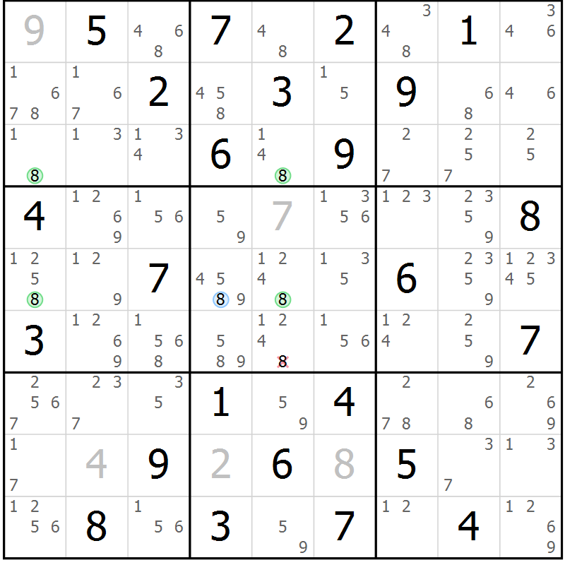 Position des candidats pour la solution de la Gr 57 page 60 du magazine de sudoku Maestro n° 087