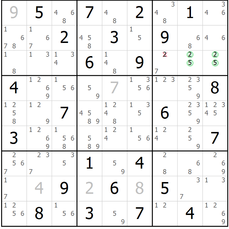 Position des candidats pour la solution de la Gr 57 page 60 du magazine de sudoku Maestro n° 087