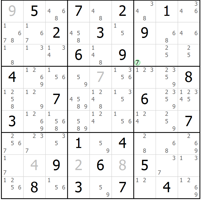 Position des candidats pour la solution de la Gr 57 page 60 du magazine de sudoku Maestro n° 087