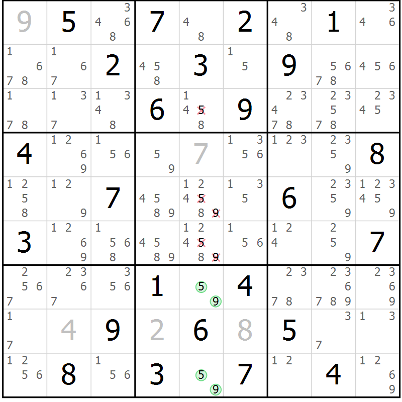 Position des candidats pour la solution de la Gr 57 page 60 du magazine de sudoku Maestro n° 087