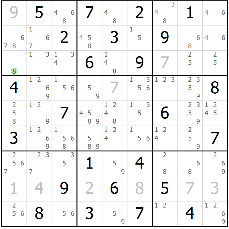 Position des candidats pour la solution de la Gr 57 page 60 du magazine de sudoku Maestro n° 087