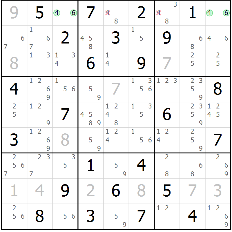 Position des candidats pour la solution de la Gr 57 page 60 du magazine de sudoku Maestro n° 087