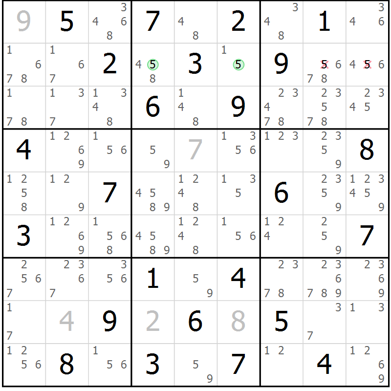 Position des candidats pour la solution de la Gr 57 page 60 du magazine de sudoku Maestro n° 087