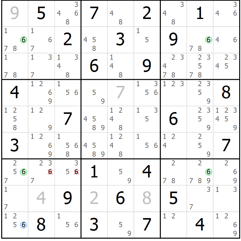 Position des candidats pour la solution de la Gr 57 page 60 du magazine de sudoku Maestro n° 087