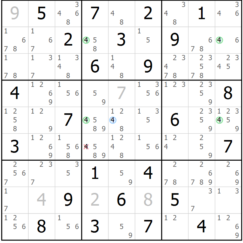 Position des candidats pour la solution de la Gr 57 page 60 du magazine de sudoku Maestro n° 087