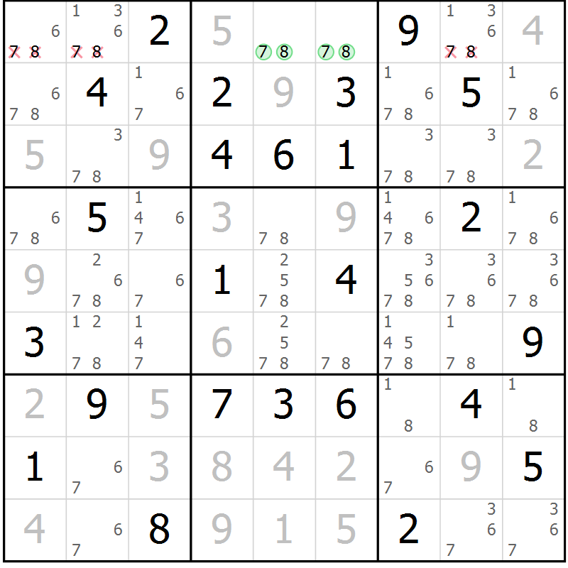 Position des candidats pour la solution de la Gr 58 page 61 du magazine de sudoku Maestro n° 087