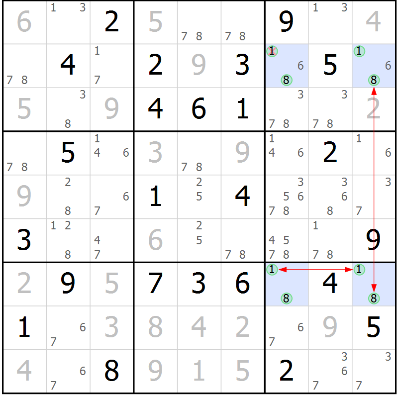 Position des candidats pour la solution de la Gr 58 page 61 du magazine de sudoku Maestro n° 087