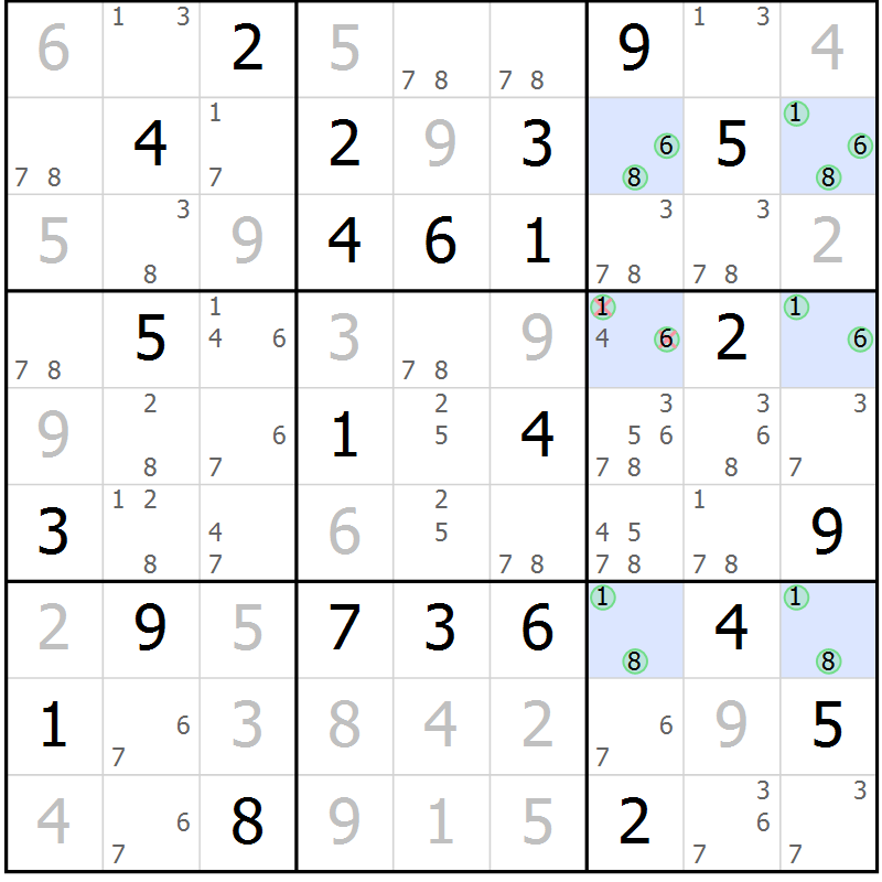 Position des candidats pour la solution de la Gr 58 page 61 du magazine de sudoku Maestro n° 087