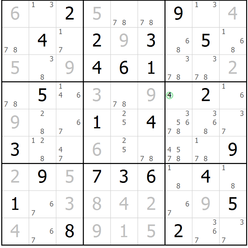 Position des candidats pour la solution de la Gr 58 page 61 du magazine de sudoku Maestro n° 087