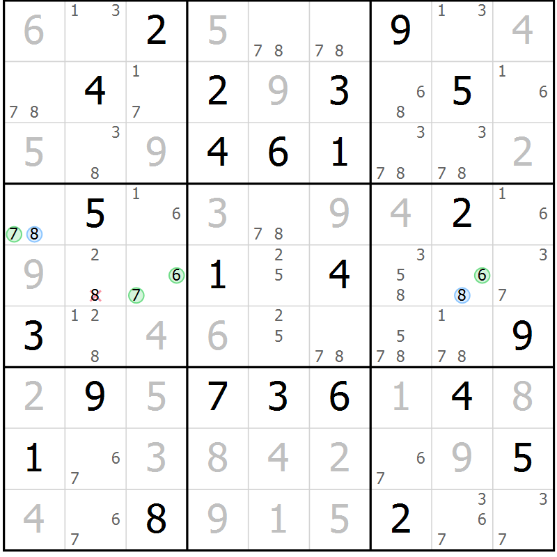 Position des candidats pour la solution de la Gr 58 page 61 du magazine de sudoku Maestro n° 087