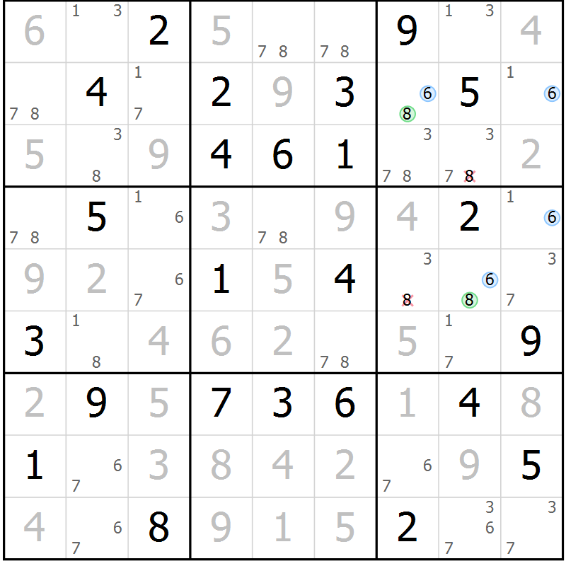 Position des candidats pour la solution de la Gr 58 page 61 du magazine de sudoku Maestro n° 087