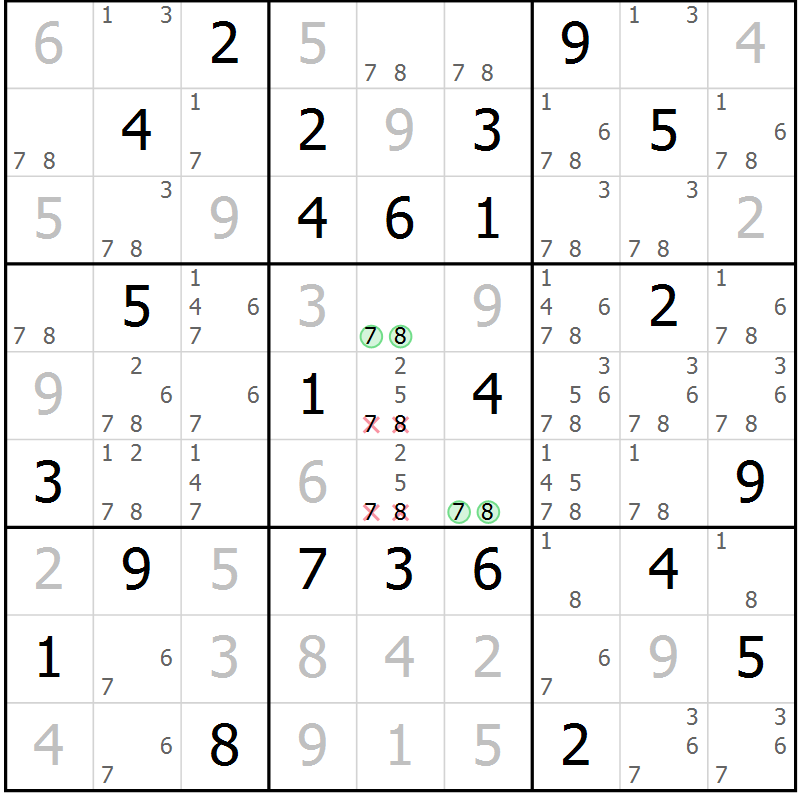 Position des candidats pour la solution de la Gr 58 page 61 du magazine de sudoku Maestro n° 087