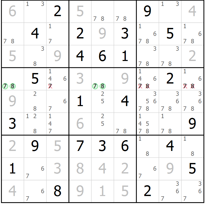 Position des candidats pour la solution de la Gr 58 page 61 du magazine de sudoku Maestro n° 087