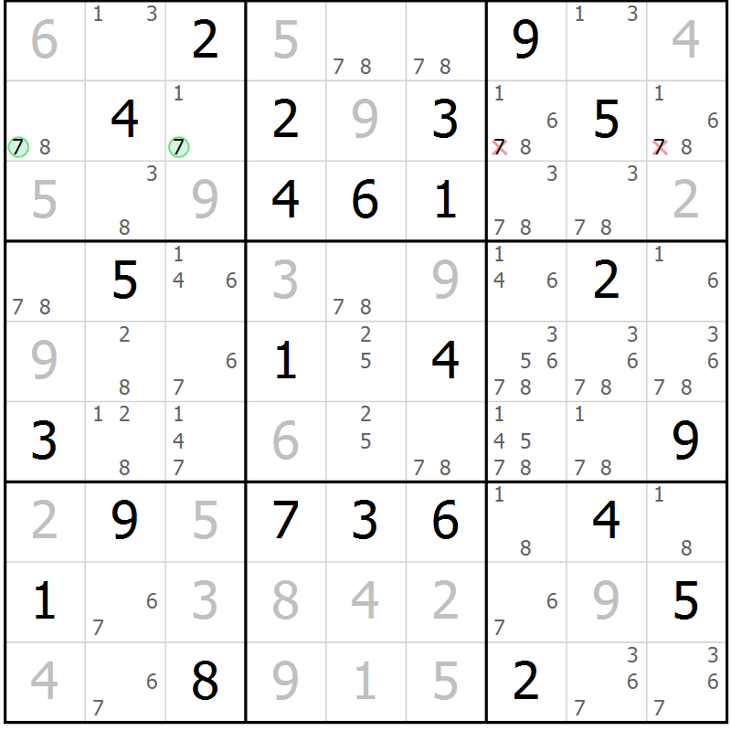 Position des candidats pour la solution de la Gr 58 page 61 du magazine de sudoku Maestro n° 087