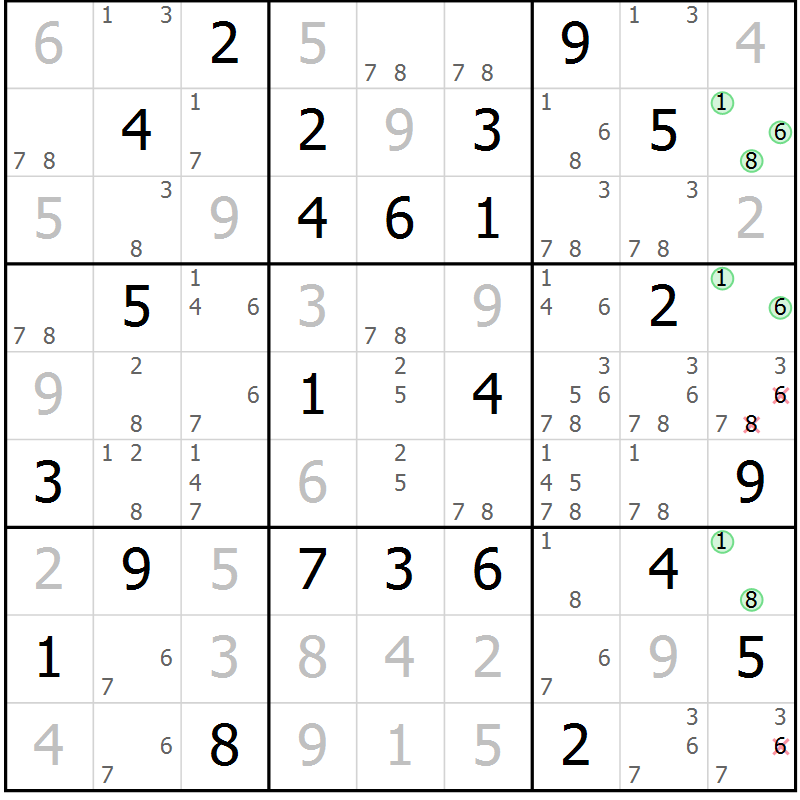 Position des candidats pour la solution de la Gr 58 page 61 du magazine de sudoku Maestro n° 087