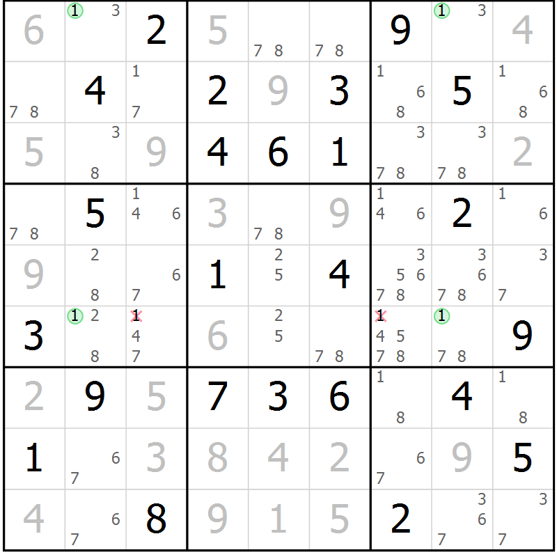 Position des candidats pour la solution de la Gr 58 page 61 du magazine de sudoku Maestro n° 087