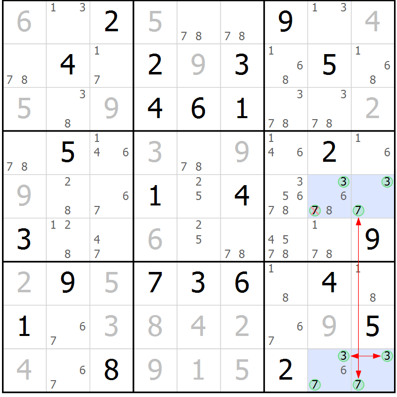 Position des candidats pour la solution de la Gr 58 page 61 du magazine de sudoku Maestro n° 087