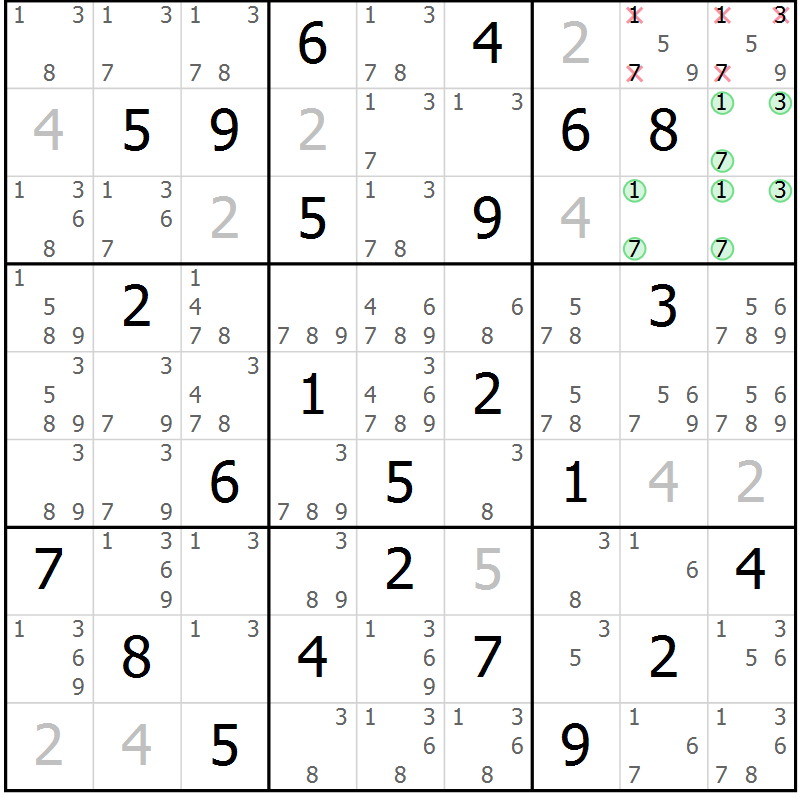 Position des candidats pour la solution de la Gr 59 page 62 du magazine de sudoku Maestro n° 087