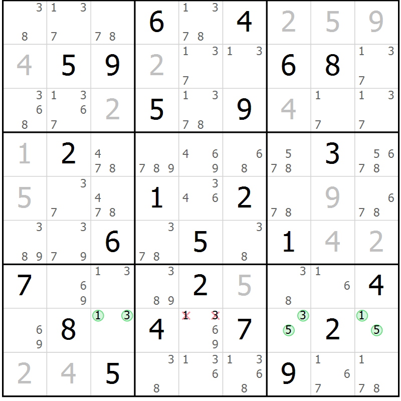Position des candidats pour la solution de la Gr 59 page 62 du magazine de sudoku Maestro n° 087